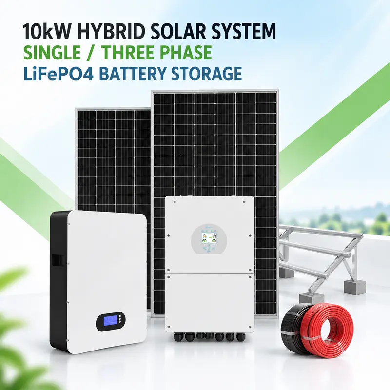 10kW hybrid solar system with solar panels, inverter and LiFePO4 battery