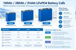 Comparison of 100Ah 280Ah and 314Ah LiFePO4 battery cells for energy storage systems