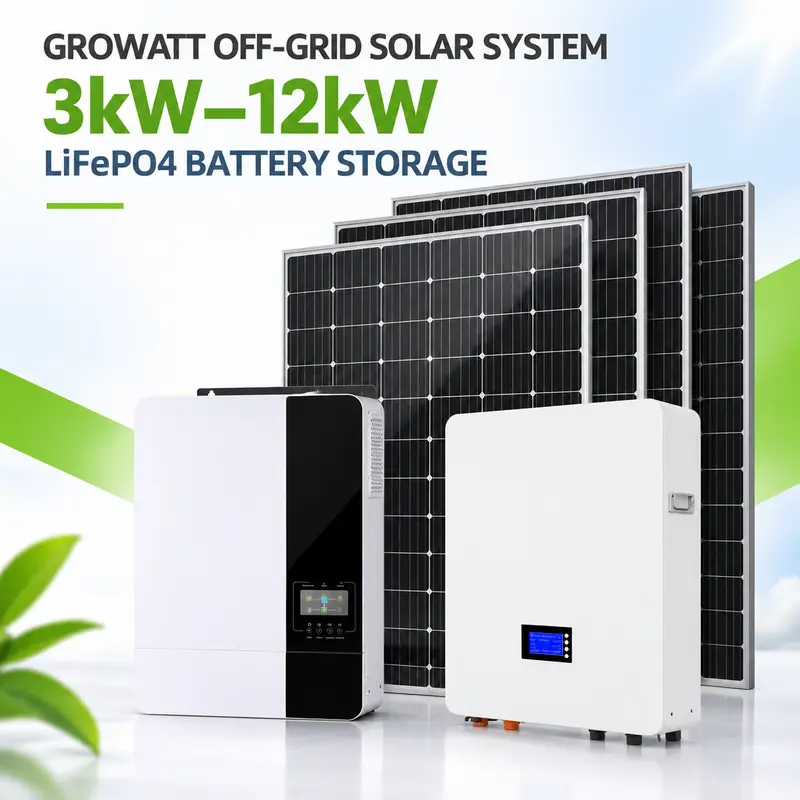 Growatt 3kW–12kW off-grid solar system with LiFePO4 battery and solar panels