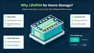 LiFePO4 residential energy storage batteries, stable chemistry, long cycle life and BMS safety monitoring
