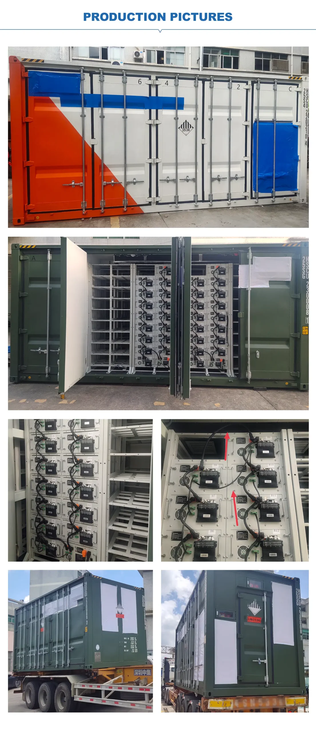Battery container assembly and transport examples with hazard markings