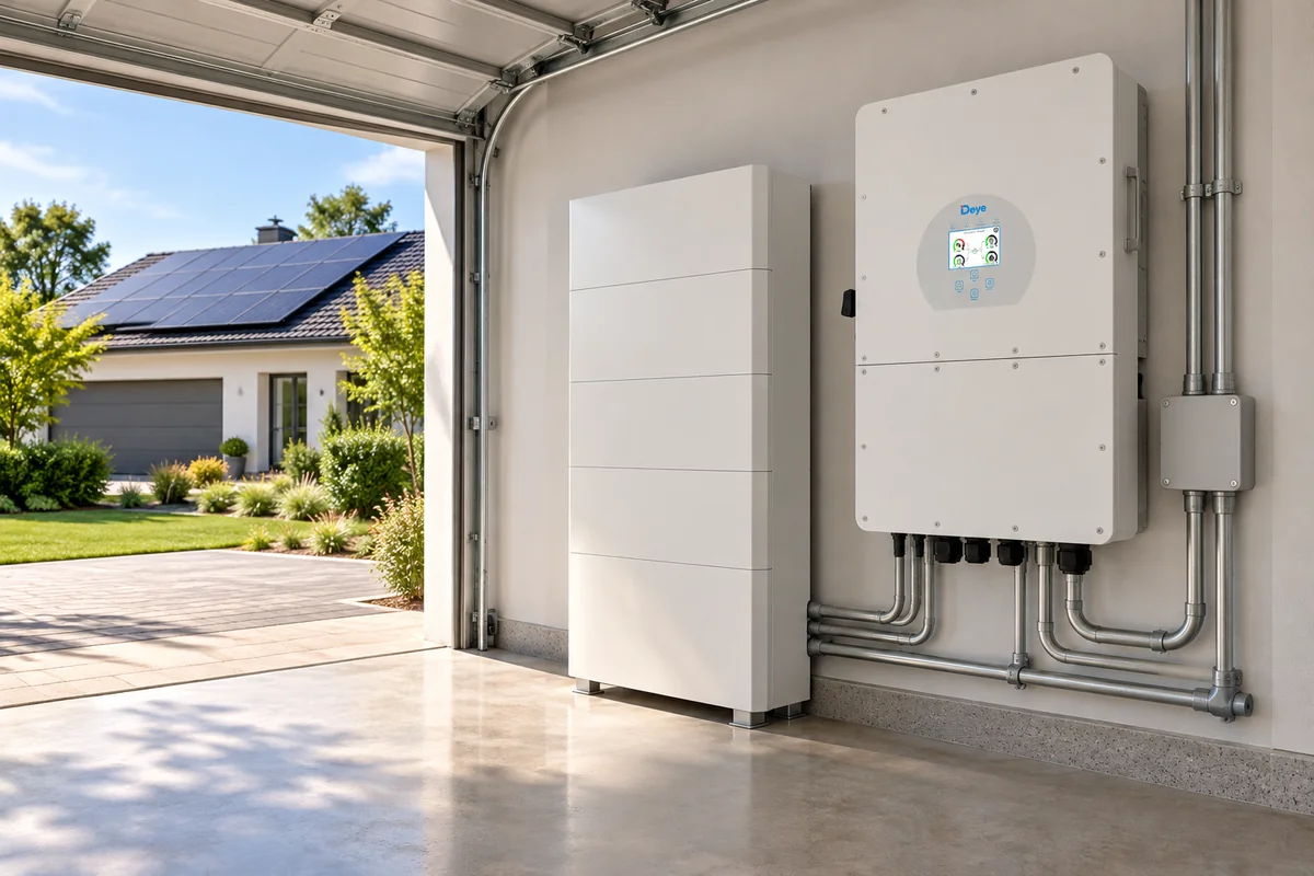 Conceptual Deye SG01HP3-EU-AM2 three-phase solar and HV battery application