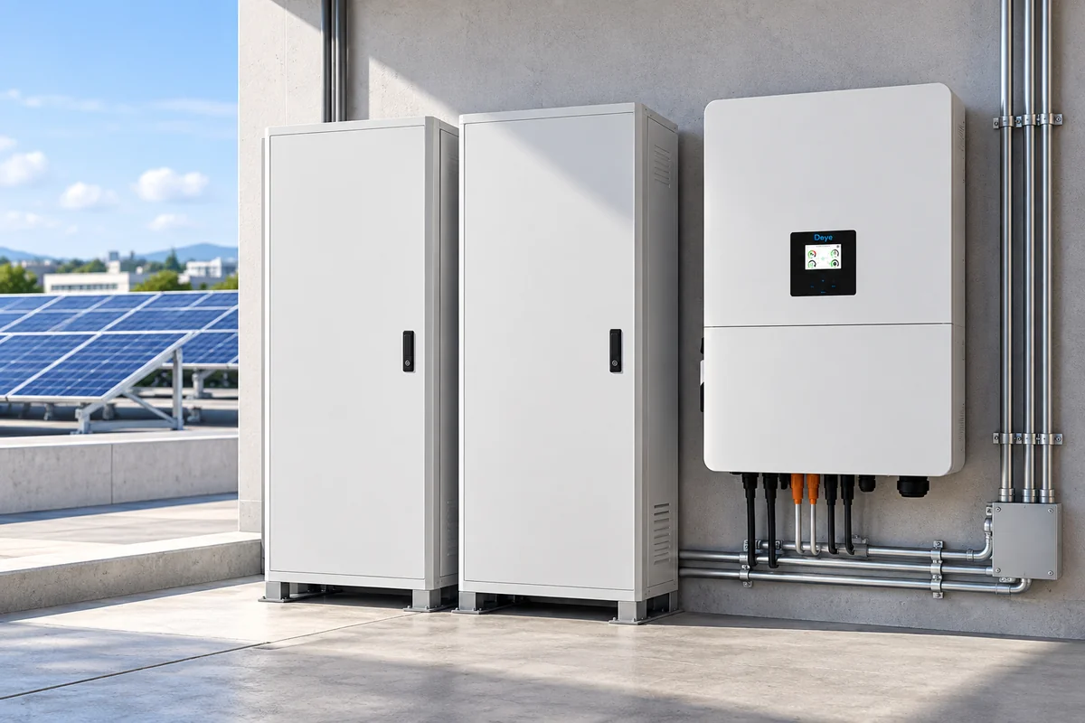 Conceptual Deye SG02HP3-EU-EM6 three-phase HV solar storage installation