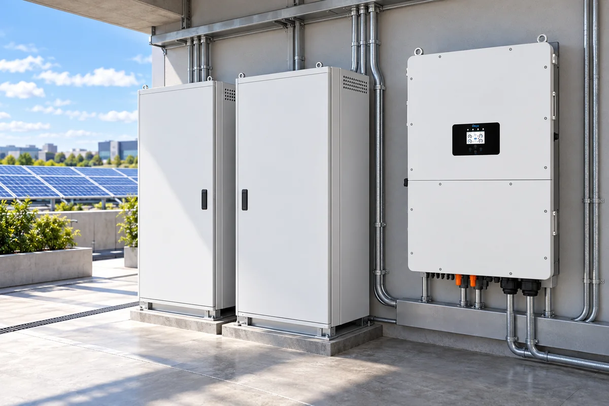 Conceptual Deye SG02HP3-EU-GM8/GM10 three-phase HV solar storage installation