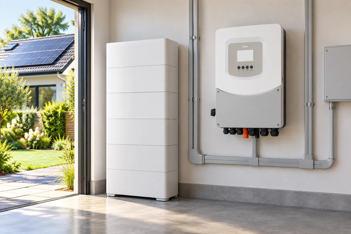 Conceptual Deye SG02HP3-EU-DM3 three-phase HV solar storage installation