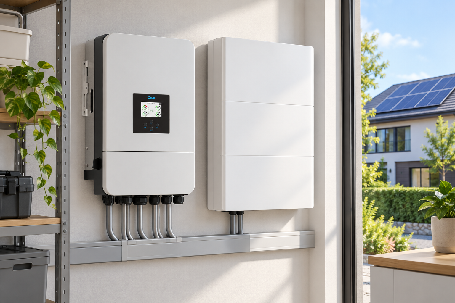 Conceptual Deye SG05 hybrid inverter installation with a low-voltage battery and rooftop solar