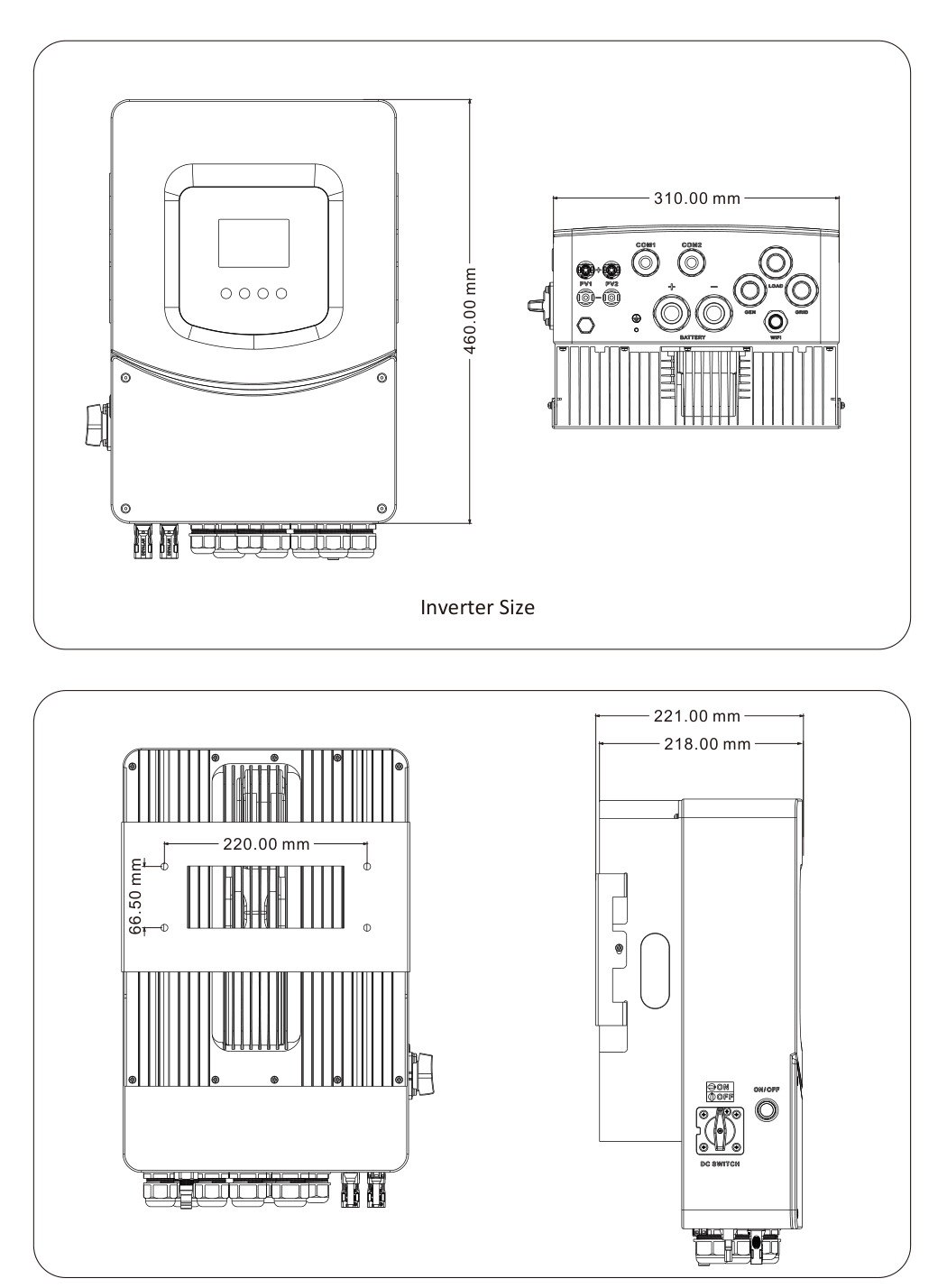 Deye SG06 inverter dimension drawing 310mm wide 460mm high 218mm deep