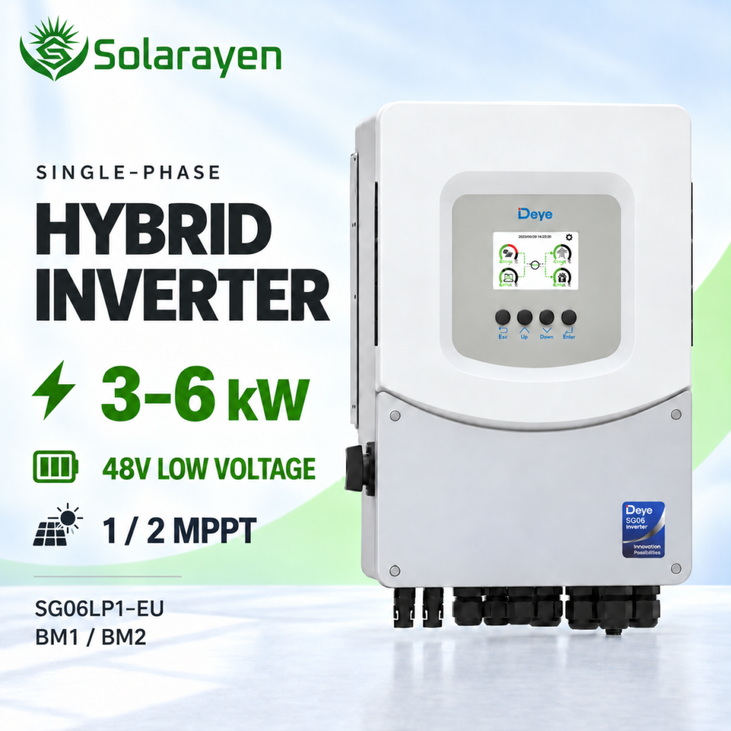 Deye SG06 3–6kW hybrid inverter with Solarayen logo positioned near the upper-left corner