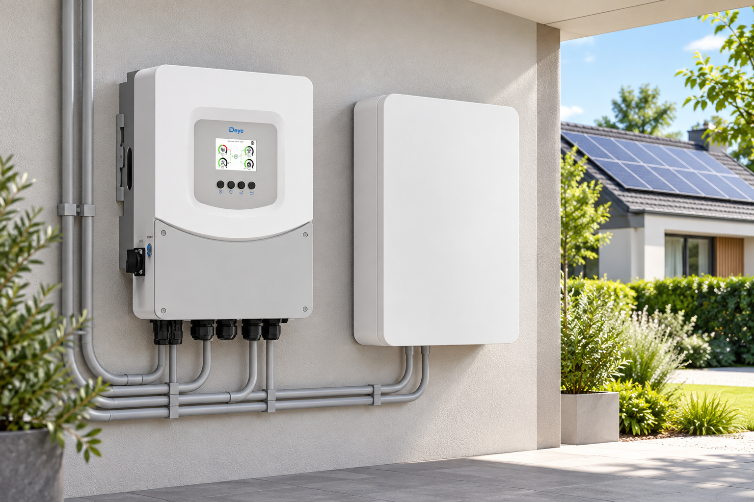 Conceptual residential installation of Deye hybrid inverter with low-voltage battery and solar panels
