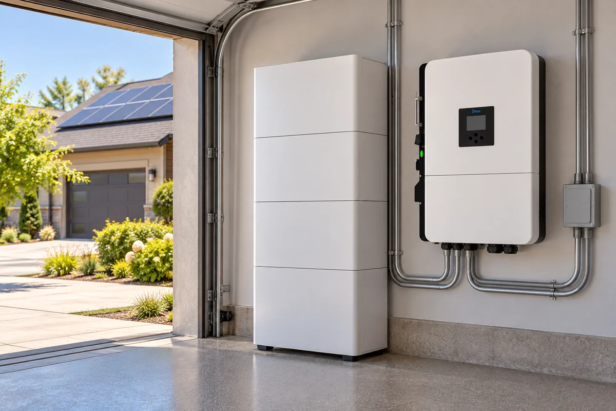 Conceptual residential Deye SG01HP2-US-AM2 solar battery installation