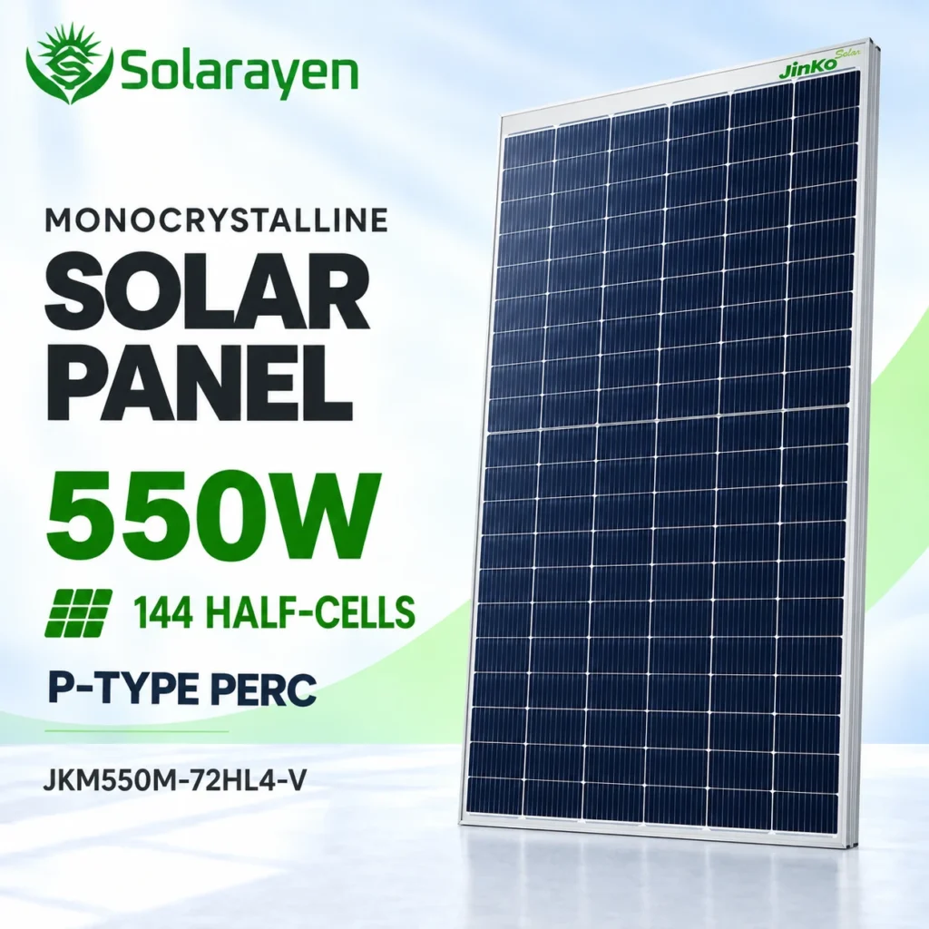 Jinko 550W solar panel catalogue illustration with Solarayen logo