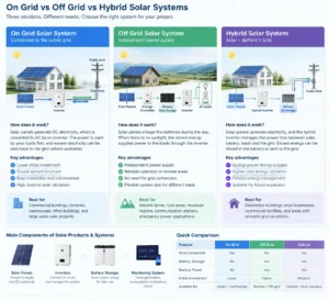 Solar Products & Systems comparison between On Grid Solar Systems Off Grid Solar Systems and Hybrid Solar Systems